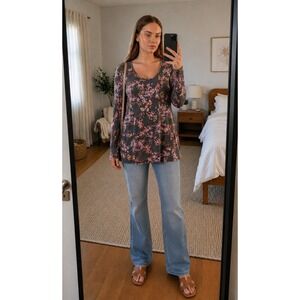 J. Jill Floral Tunic Top Medium Gray Multicolor Long Sleeve Layered Boho Cottage